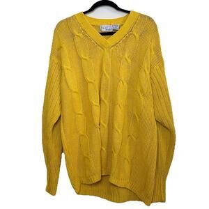 Adrianna Papell Vintage Cable-Knit V-Neck Sweater Yellow Size Medium Casual